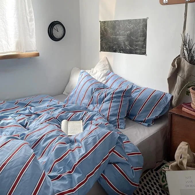 Casual MKXI Full Blue amp Red Vertical Stripe Duvet Cover Set 3-Piece – Cotton Textured Bedding with Zipper Closure amp Corner Ties Modern Coastal Vintage Aesthetic Comforter Cover Fashionable