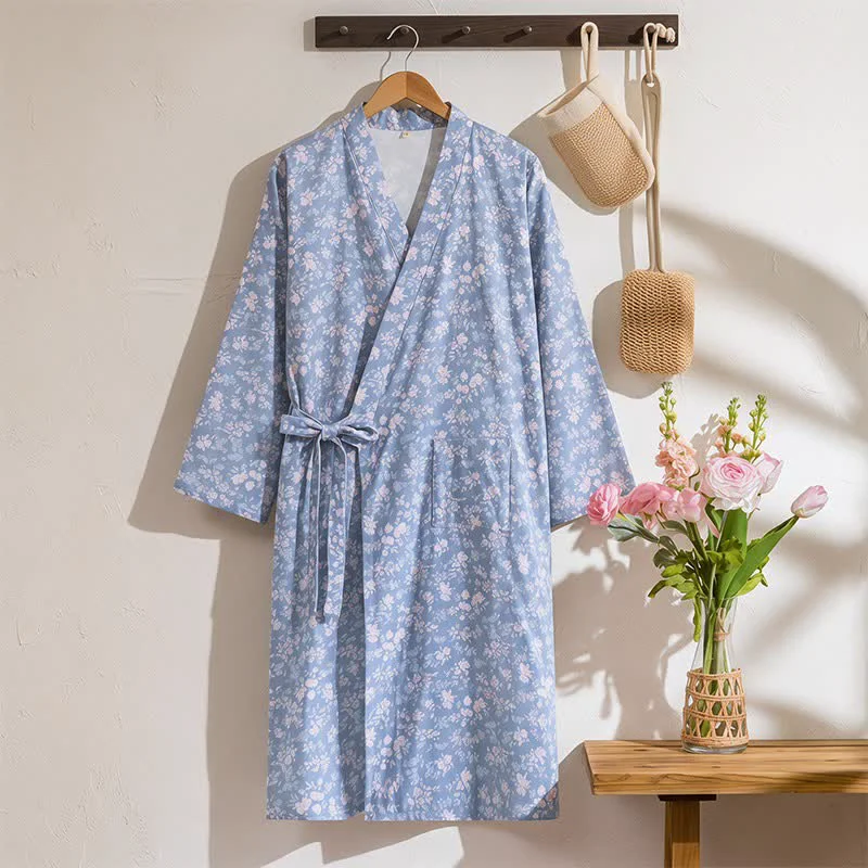 Soft Ownkoti Rustic Blue Floral Cotton Kimono Robe Organic