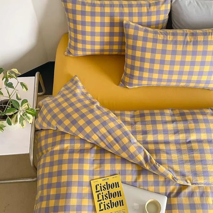 Luxury MKXI Purple amp Yellow Plaid Duvet Cover Set – 3 Piece Washed Cotton Reversible Bedding King Soft Vintage Checkered Design with Zipper Closure amp Corner Ties Smart