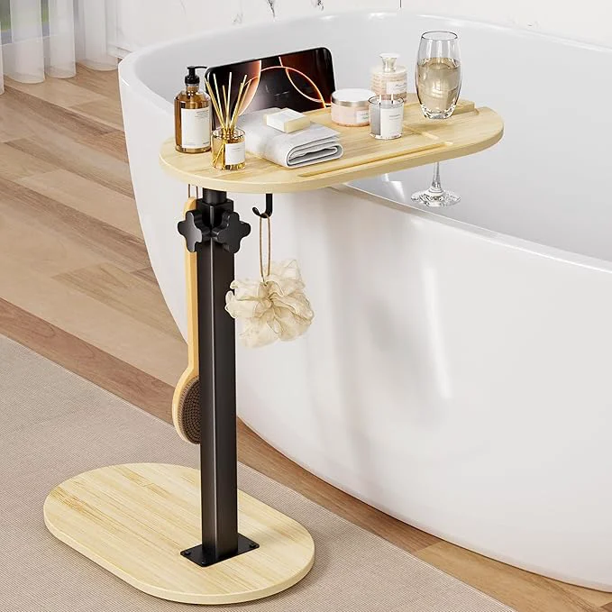 Premium Bamboo Bathtub Table with Adjustable Height standing Bath Tray Caddy Board Powerful