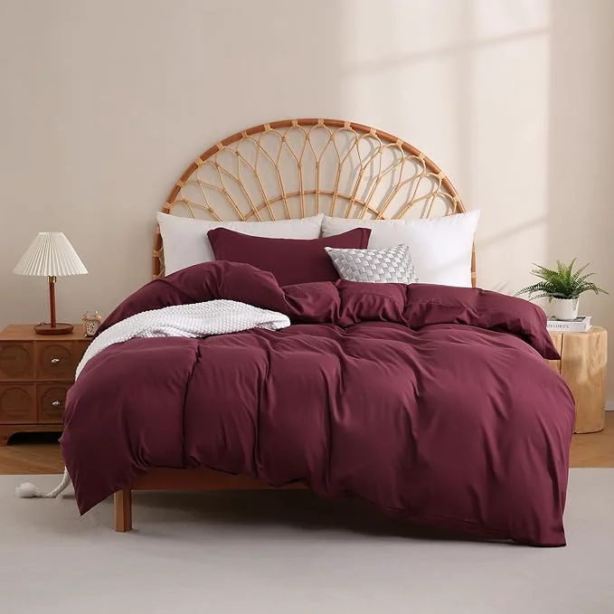 Fine JSD Burgundy Duvet Cover Set Twin Size 2 Piece Microfiber Kids Duvet Cover with Pillow Sham Zipper Closure Comforter Not Included Advanced