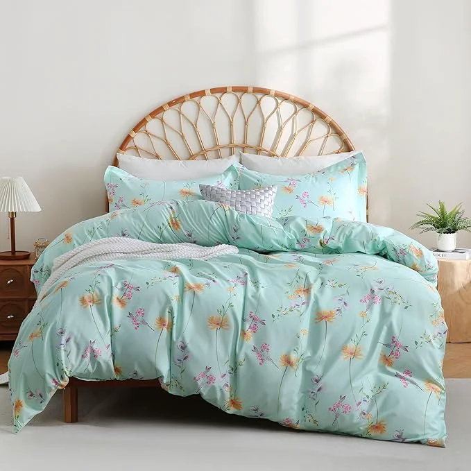Sustainable JSD Green Floral Duvet Cover Set King Size 3 Piece Botanical Printed Microfiber Comforter Cover with Corner Ties Zipper Closure Healthy