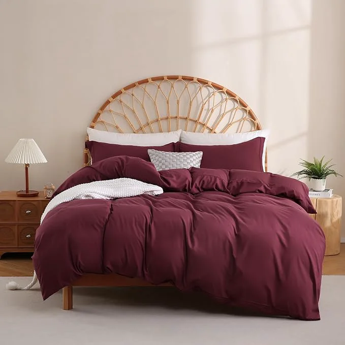 Modern JSD Burgundy Duvet Cover Set Full Size 3 Piece Duvet Cover with Pillow Shams Soft Brushed Microfiber Zipper Closure Comforter Not Included Pure
