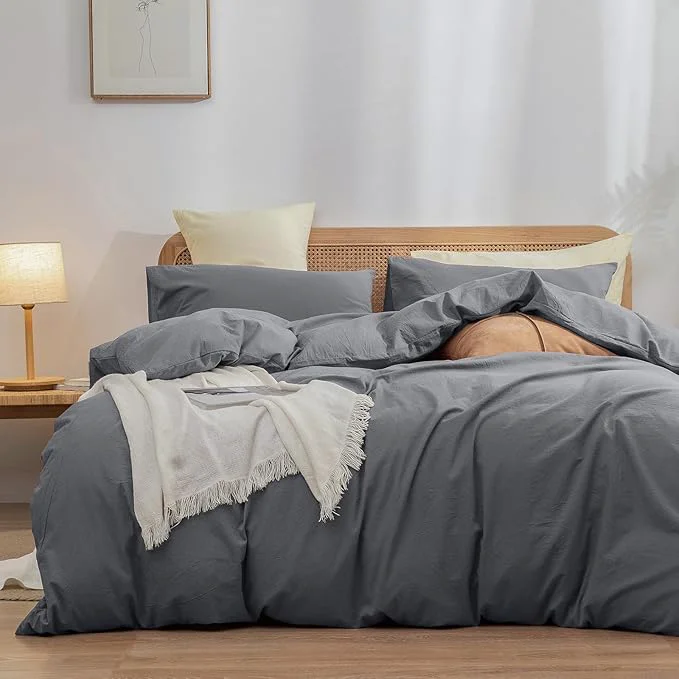 Effective OUCH Duvet Cover Set Washed Cotton Linen Feel Super Soft Comfortable Chic Lightweight 2 PCs Home Bedding Set Solid Quiet Shade Grey Twin XL Minimalist