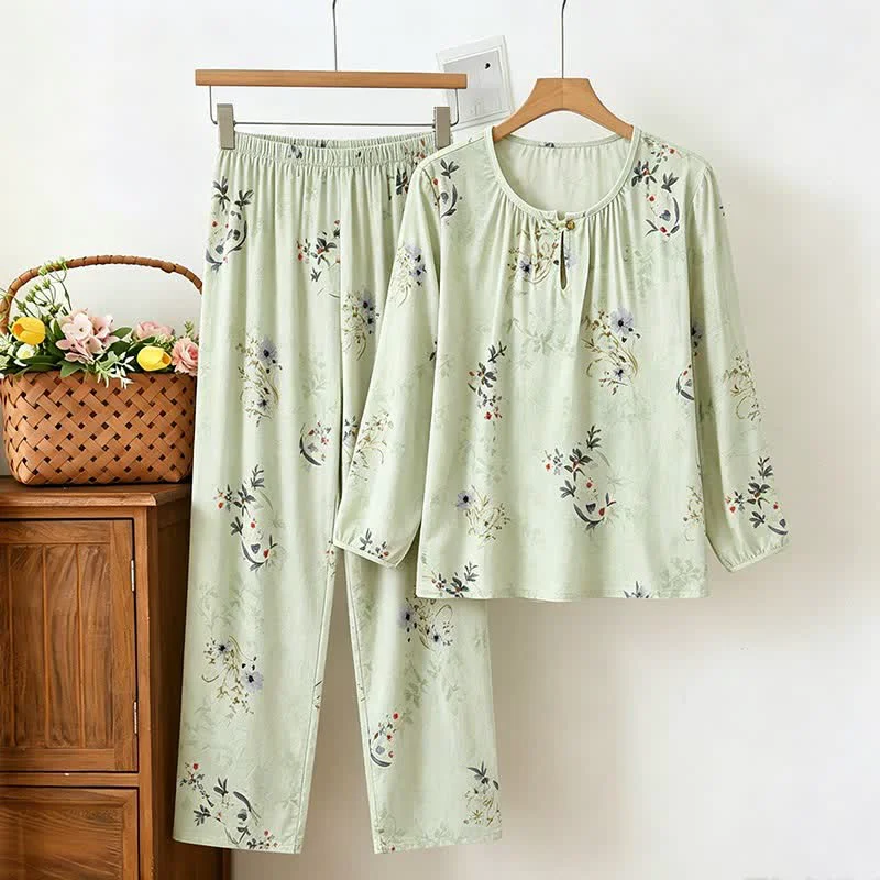 Solid Ownkoti Soft Green Floral Long Sleeve Pajamas Fast