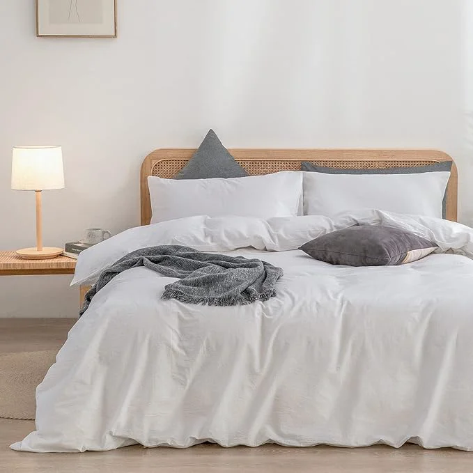 Smooth OUCH Duvet Cover Set Washed Cotton Linen Feel Super Soft Comfortable Chic Lightweight 3 PCs Home Bedding Set Solid Bright White Super King Plus Organic