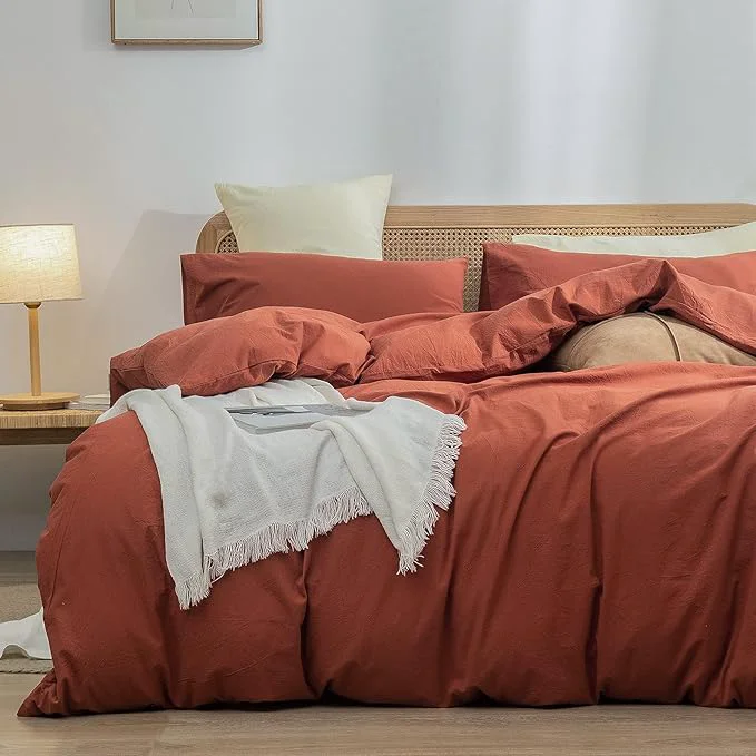 Traditional OUCH Duvet Cover Set Washed Cotton Linen Feel Super Soft Comfortable Chic Lightweight 3 PCs Home Bedding Set Solid Crimson Red Cal King Specialty