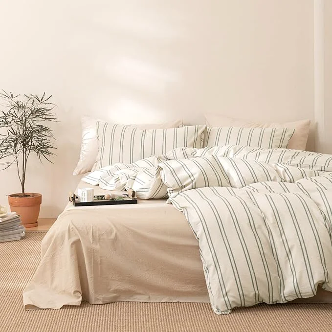 Quality VM VOUGEMARKET Striped Duvet Cover Set Queen Beige Washed Cotton Bedding Set Grey Green Vertical Ticking Stripes Pattern Comforter Cover with Zipper Closure 3pcs Queen Size Lightweight