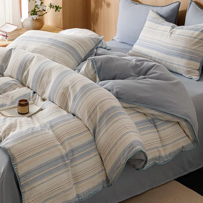 Reusable VM VOUGEMARKET Blue White Stripes Duvet Cover King Cotton Muslin Duvet Cover Embroidered Cozy Simple Modern Bedding Set for Men Women Versatile