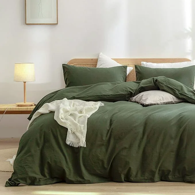 Trusted OUCH Duvet Cover Set Washed Cotton Linen Feel Super Soft Comfortable Chic Lightweight 3 PCs Home Bedding Set Olive Green Queen Environmentally Friendly