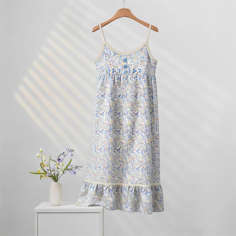 Convenient Ownkoti Blue Floral Sleeveless Ruffle Nightdress Modern