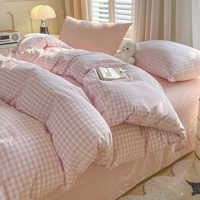 Superior VM VOUGEMARKET Aesthetic Pink Plaid Duvet Cover Set Soft Washed Cotton Bedding Set Minimalist Gingham Bed Set with Pillowcases Cozy Bedroom amp Dorm Decor for Teen Girls amp Students King Size Trusted