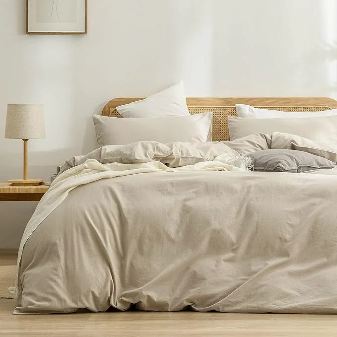 Crafted OUCH Duvet Cover Set Washed Cotton Linen Feel Super Soft Comfortable Chic Lightweight 3 PCs Home Bedding Set Solid Almond Milk Grey Alaska King Classic