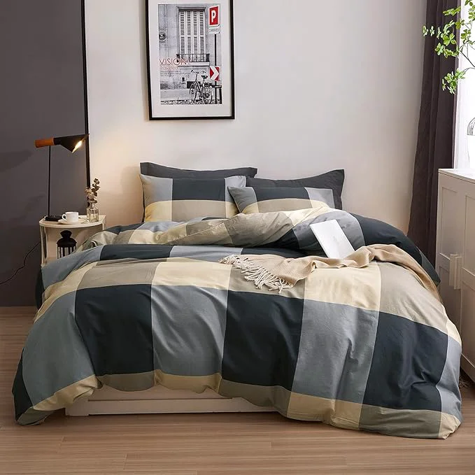 Smooth VM VOUGEMARKET Plaid Duvet Cover King Black Gray Checkered Bedding Set with Zipper Ties Simple Luxury Boys Men Comforter Cover Set Soft Cotton Home Bedding-104×90 Classic