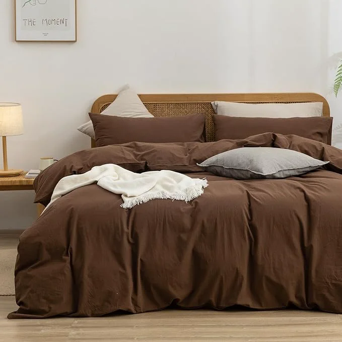 Pure OUCH Duvet Cover Set Washed Cotton Linen Feel Super Soft Comfortable Chic Lightweight 3 PCs Home Bedding Set Solid Cocoa Brown Oversized Full Natural