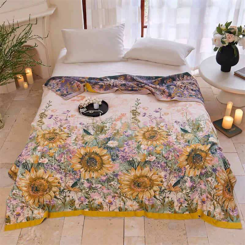 Practical Ownkoti Vintage Sunflower Cotton Gauze Blanket Quilt Specialty