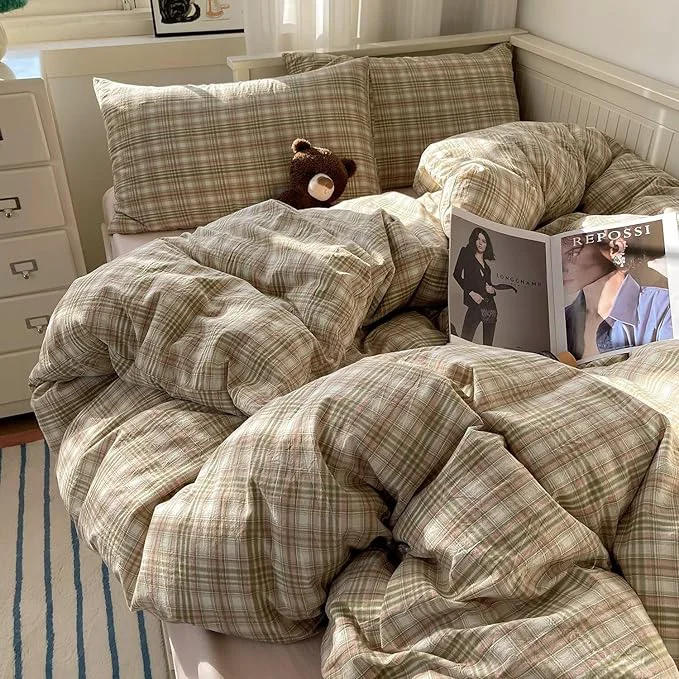 Dependable MKXI Pistachio and Pink Plaid Duvet Cover Queen 3-Piece Vintage Aesthetic Bedding Set Washed Cotton Breathable amp Lightweight Reversible Design with Zipper Closure Excellent