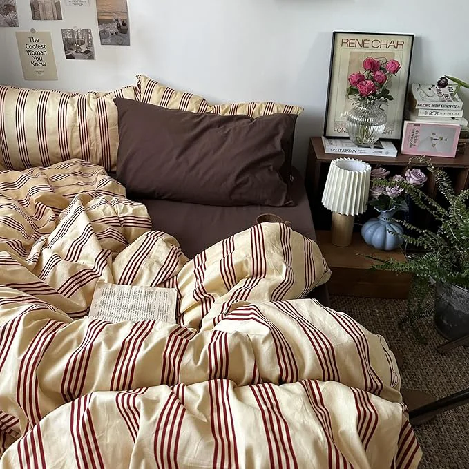 Crafted MKXI Twin XL Size Reddish-Brown amp Yellow Striped Duvet Cover Set – 3 Piece Vintage Aesthetic Bedding Set Cotton Minimalist Design Soft amp Breathable Duvet Cover with Zipper Ties High-Grade