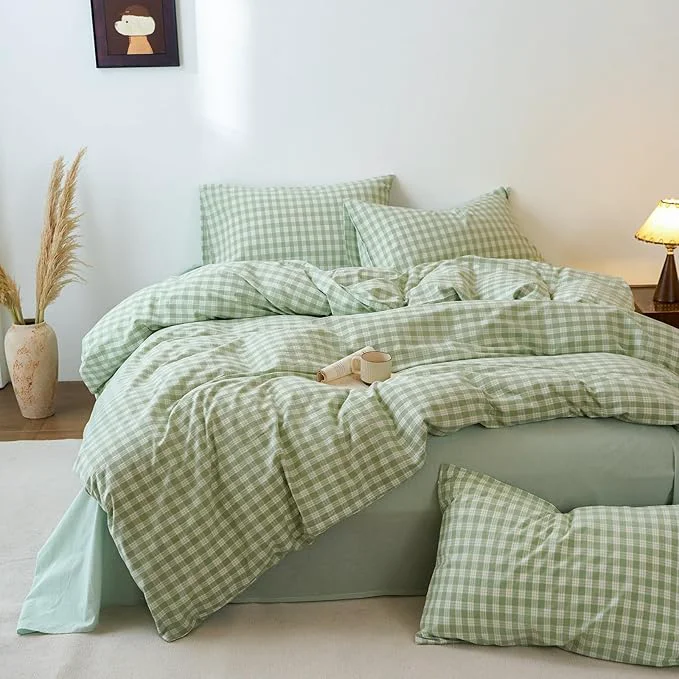 Environmentally Friendly VM VOUGEMARKET Green Gingham Duvet Cover Queen 3 Pieces Neutral Plaid Grid Duvet Cover Washed Cotton Comforter Cover with 2 Pillowcases Farmhouse Checkered Bedding Set Prestigious