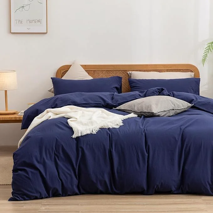 High-End OUCH Duvet Cover Set Washed Cotton Linen Feel Super Soft Comfortable Chic Lightweight 3 PCs Home Bedding Set Solid Navy Blue Oversized King Fine