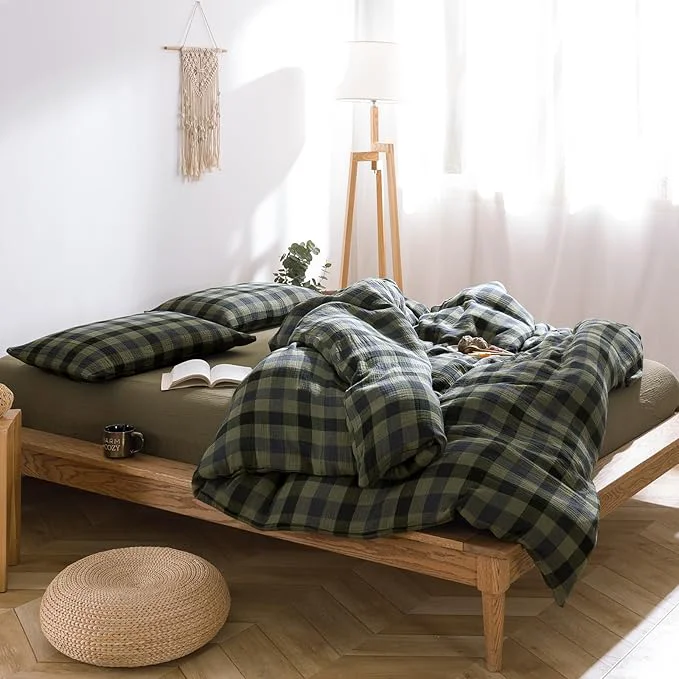 Flexible VM VOUGEMARKET Cotton Muslin Duvet Cover Queen Amy Green Plaid Bedding Set Soft Breathable Linen Like Gauze Comforter Cover with Zipper Closure for Teen Men 90 quot x90 quot Dependable