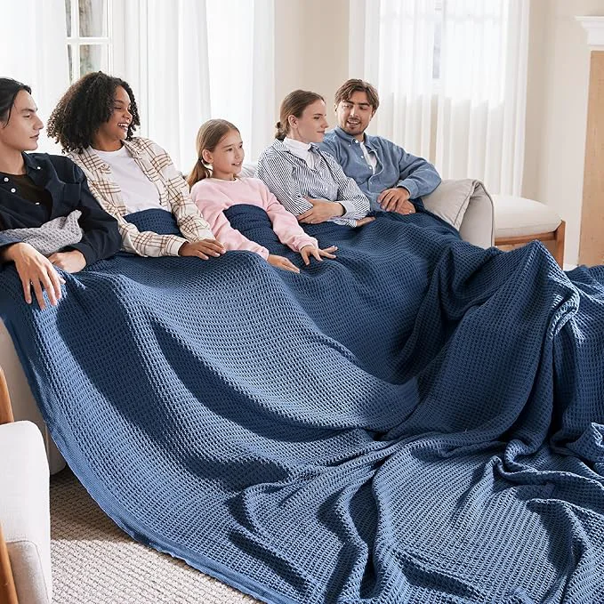 Lightweight Bedsure Gentlesoft Cotton Big Blanket Oversized King for Bed – Large Breathable Thick Cooling Waffle Weave Blanket for Summer Couch Cover Navy 120×94 inches Quality