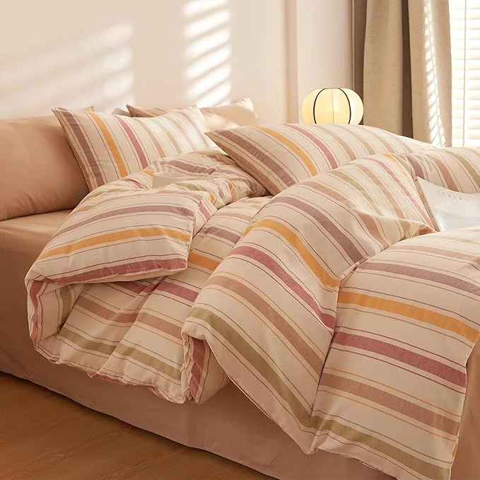 Lightweight MKXI Striped Duvet Cover Set Washed Cotton 3-Piece Colorful Autumn Vibe Bedding Set with Zipper amp Ties Stripes Pattern Comforter Cover for Teens Adults Dorms amp Bedrooms Twin XL Size Exclusive