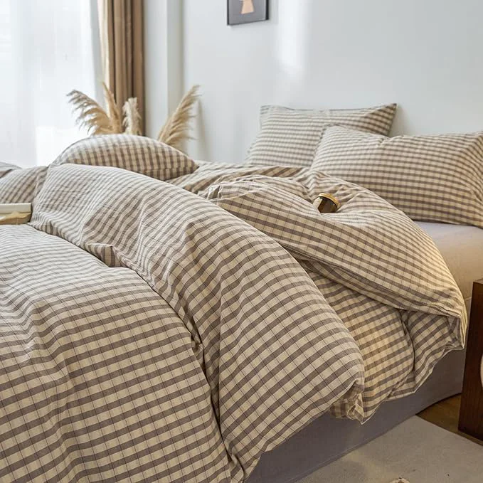 Authentic Gingham Duvet Cover King Size Grey Washed Cotton King Comforter Cover Checkered Boho Patterned Vintage Duvet Cover Set with Hidden Zipper Plaid Teen Bedding Set Cute Duvet Protector Unique
