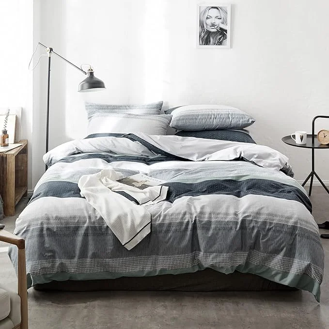 Quality VM VOUGEMARKET Striped Bedding Duvet Cover Set King 3 Pieces Gray Blue Duvet Cover Sets Cotton Modern Simple Comforter Cover with Zipper-King Martin Top-Quality