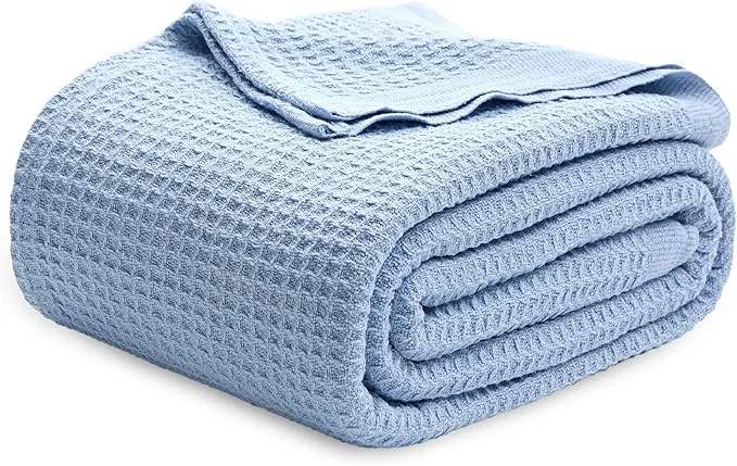 Safe Bedsure Gentlesoft Cotton Blue Blanket Queen Size for Bed – Cooling Breathable and Soft for Spring Summer Thick Cozy Waffle Weave Blanket Gifts for Women Sky Blue 90×90 Inches Convenient