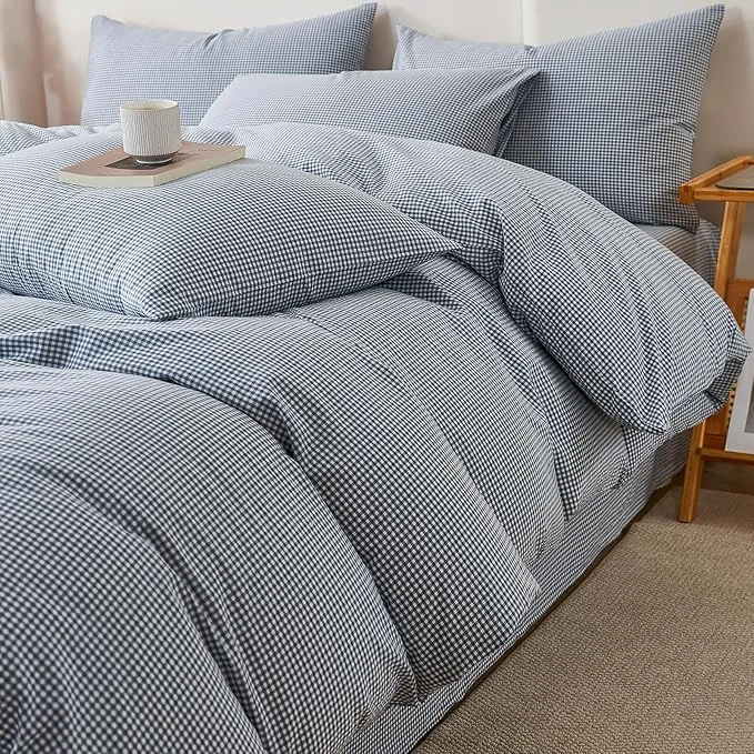 Smart Blue Gingham Duvet Cover King Size Washed Cotton Plaid Comforter Cover King Size Farmhouse Boho Soft Breathable Duvet Cover Set with 2 Pillowcases Checkered Zipper Bedding Cute Duvet Protector Official