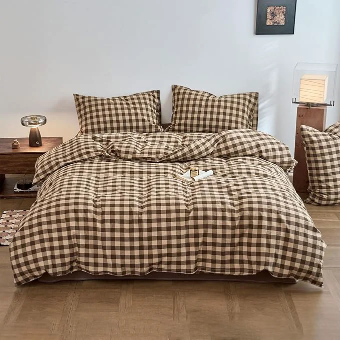 Stylish Checkered King Size Duvet Covers Tan Brown Washed Cotton King Comforter Cover Boho Gingham Cute Rustic Duvet Cover Set with Hidden Zipper Vintage Buffalo Plaid Bedding Set Soft Duvet Protector World-Class