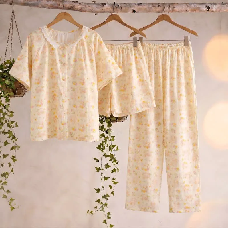 Contemporary Ownkoti Apricot Floral Cotton Ruffle Loungewear Set 3PCS First-Class