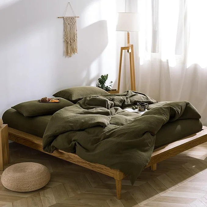 Trusted VM VOUGEMARKET Cotton Muslin Duvet Cover King Size 3-Layer Guaze Textured Bedding Set Ultra Soft Breathable Textured Linen Like Comforter Cover with Zipper amp Ties-Olive Green Fine