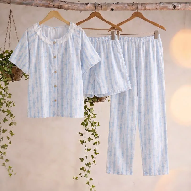 Smooth Ownkoti Blue Bow Print Cotton Ruffle Pajamas 3PCS Green