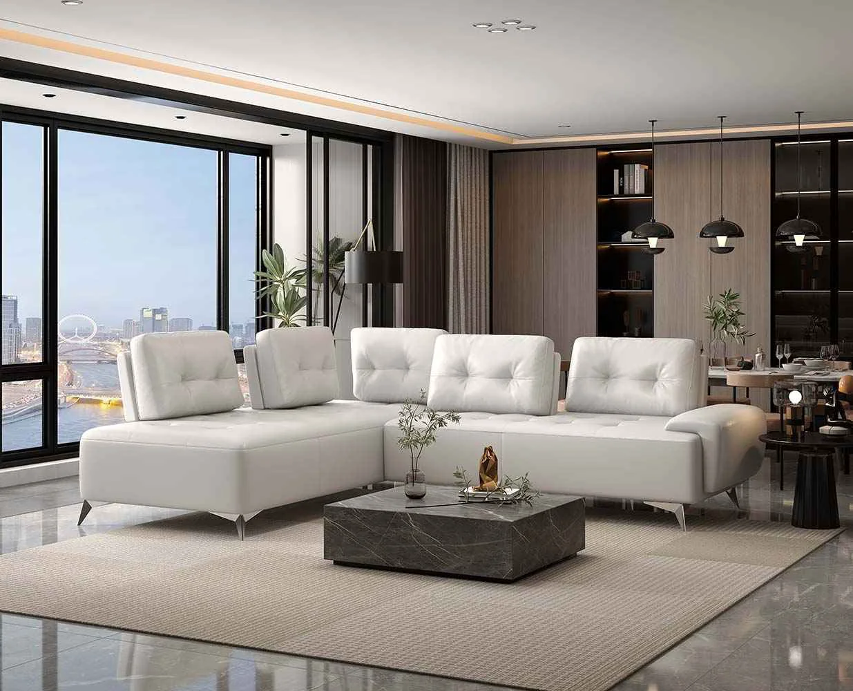 Consistent Turano – Sectional Sofa – Pearl White Leather Elite
