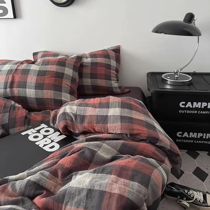 Recyclable VM VOUGEMARKET Cotton Muslin Duvet Cover Queen Red Plaid Bedding Set Soft Breathable Linen Like Gauze Gingham Comforter Cover with Zipper Closure for Teen Men 90 quot x90 quot Elite