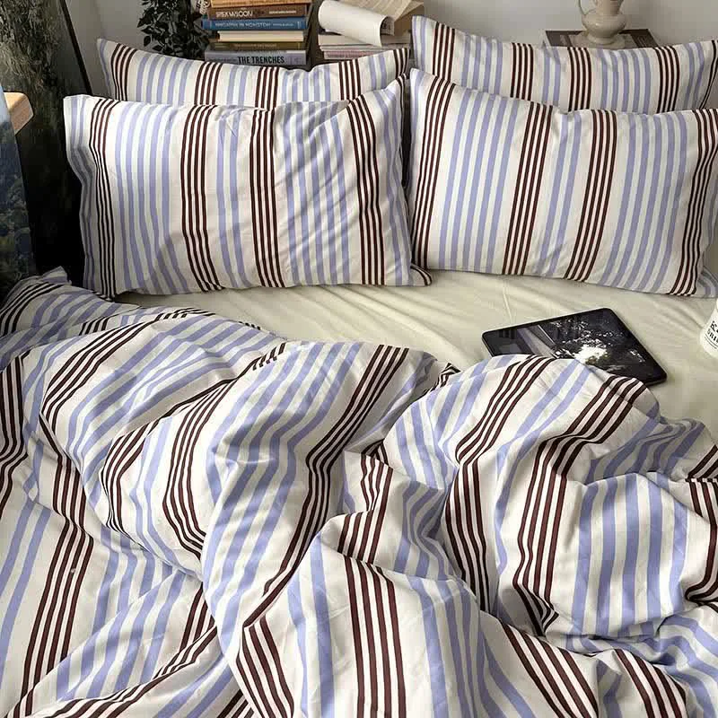 Smooth Ownkoti Retro Blue Brown Striped Cotton Bedding Set Top-Quality