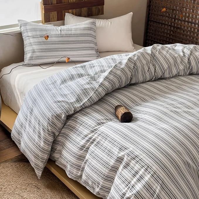 Relaxed Striped Duvet Cover Queen Off White Washed Cotton Comforter Cover Queen Size Farmhouse Boho Soft Zipper Duvet Cover Set with 2 Pillowcases Grey Vertical Stripe Bedding Pattern Duvet Protector Smart