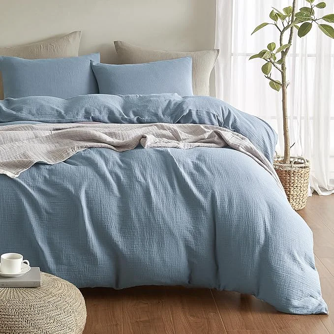 Easy-to-Use SE SOFTEXLY Muslin Duvet Cover Queen Size Washed Cotton Duvet Cover Set Ultra Soft Comforter Cover Linen Like 3 Pieces Minimalist Gauze Duvet Cover with 2 Pillowcases 90 quot x90 quot Blue Fine Crafted
