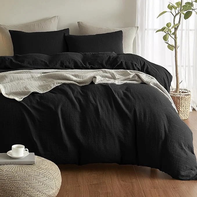 Selected SE SOFTEXLY Muslin Duvet Cover King Size Washed Cotton Duvet Cover Set Ultra Soft Comforter Cover Linen Like 3 Pieces Minimalist Gauze Duvet Cover with 2 Pillowcases 90 quot x104 quot Black Reliable
