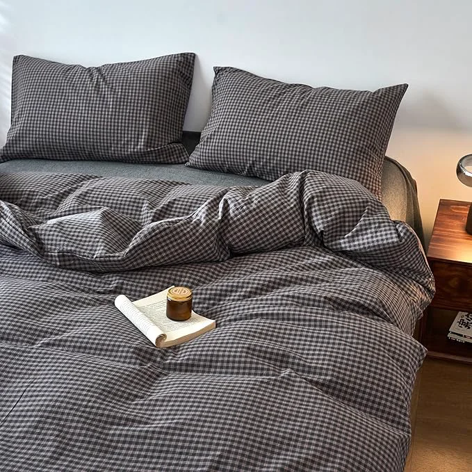 Luxury Gingham Queen Duvet Covers Grey Washed Cotton Queen Comforter Cover Plaid Checkered Pattern Vintage Duvet Cover Set with Hidden Zipper Farmhouse Boho Bedding Set for Adults Duvet Protector High-Grade