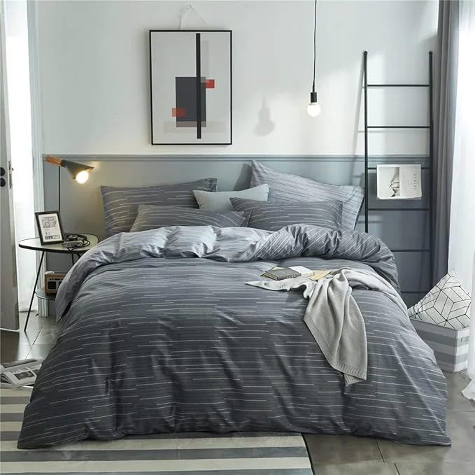 Fast VM VOUGEMARKET Natural Cotton Striped Duvet Cover Set Gray Stripes Pattern Printed Comforter Cover for Boys Men Reversible Modern Simple Style Bedding Set Flexible