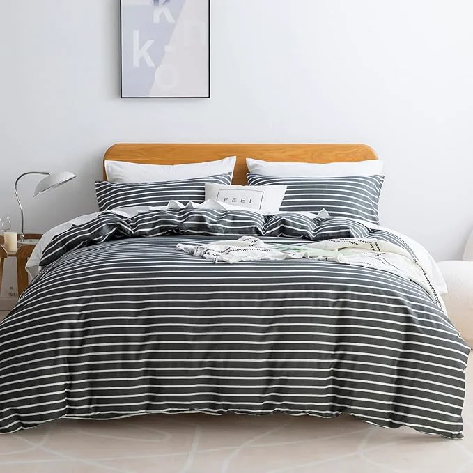 Consistent JELLYMONI Natural Cotton 3pcs Striped Duvet Cover Sets Dark Grey Duvet Cover with White Stripes Pattern Printed Comforter Cover with Zipper Closure amp Corner Ties King Size Elite