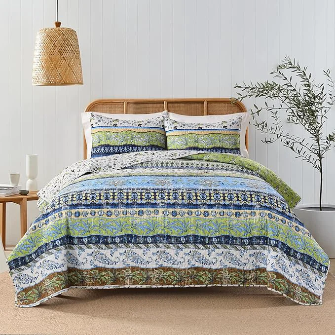 High-Grade HORIMOTE HOME Boho Style Queen Quilt Set Green Bohemian Floral Strip Quilt Beddding Set Soft and Lightweight Bedspread for All Season Full Size Bed Coverlet with 2 Matching Pillow Shams 3 Pieces Certified