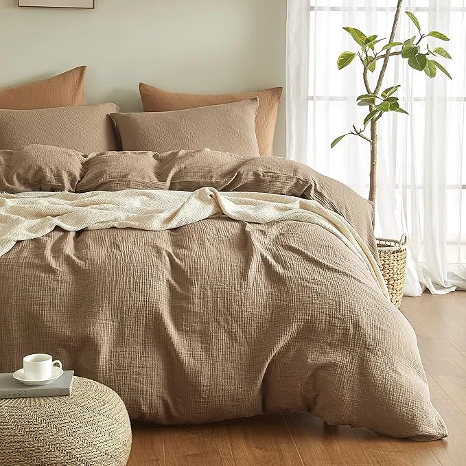 Outstanding SE SOFTEXLY Muslin Duvet Cover Queen Size Washed Cotton Duvet Cover Set Ultra Soft Comforter Cover Linen Like 3 Pieces Minimalist Gauze Duvet Cover with 2 Pillowcases 80 quot x90 quot Light Brown Stylish