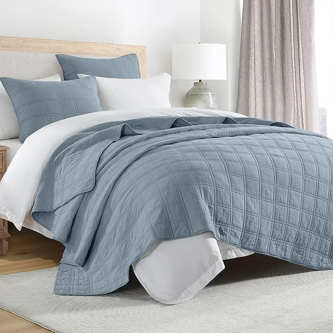 Recyclable HORIMOTE HOME Cotton Quilt Set King Size Adriatic Blue Pre-Washed Bedspreads Coverlet Set in Geometric Pattern Cozy Lightweight Stitching Decorative Bedding Cover with 2 Shams for All Season Soft