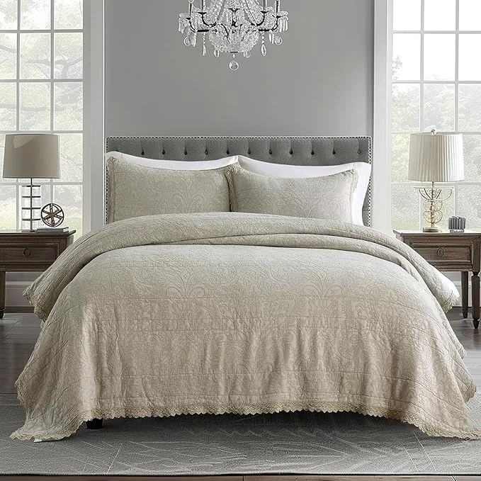 HORIMOTE HOME Stone-Washed Cotton Quilt King Size Beige Jacquard Embossed Quilt Shabby Vintage Farmhouse Bedspread Coverlet with Crochet Edge Soft Lightweight Bedding Set for All Season 3 Pieces Fine