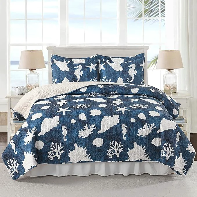 Exclusive HORIMOTE HOME Coastal Quilt Bedding Set King Size Reversible Navy Summer Beach Quilt Lightweight Ocean Nautical Comforter Tropical Bedspread Coverlet with 2 Pillow Shams for All Seasons 106 quot x96 quot Selected
