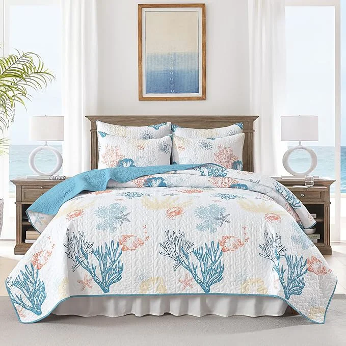Fast HORIMOTE HOME Coastal Quilt Bedding Set King Size Reversible Summer Beach Quilt Lightweight Ocean Nautical Comforter Tropical Bedspread Coverlet with 2 Pillow Shams for All Seasons 106 quot x96 quot Traditional